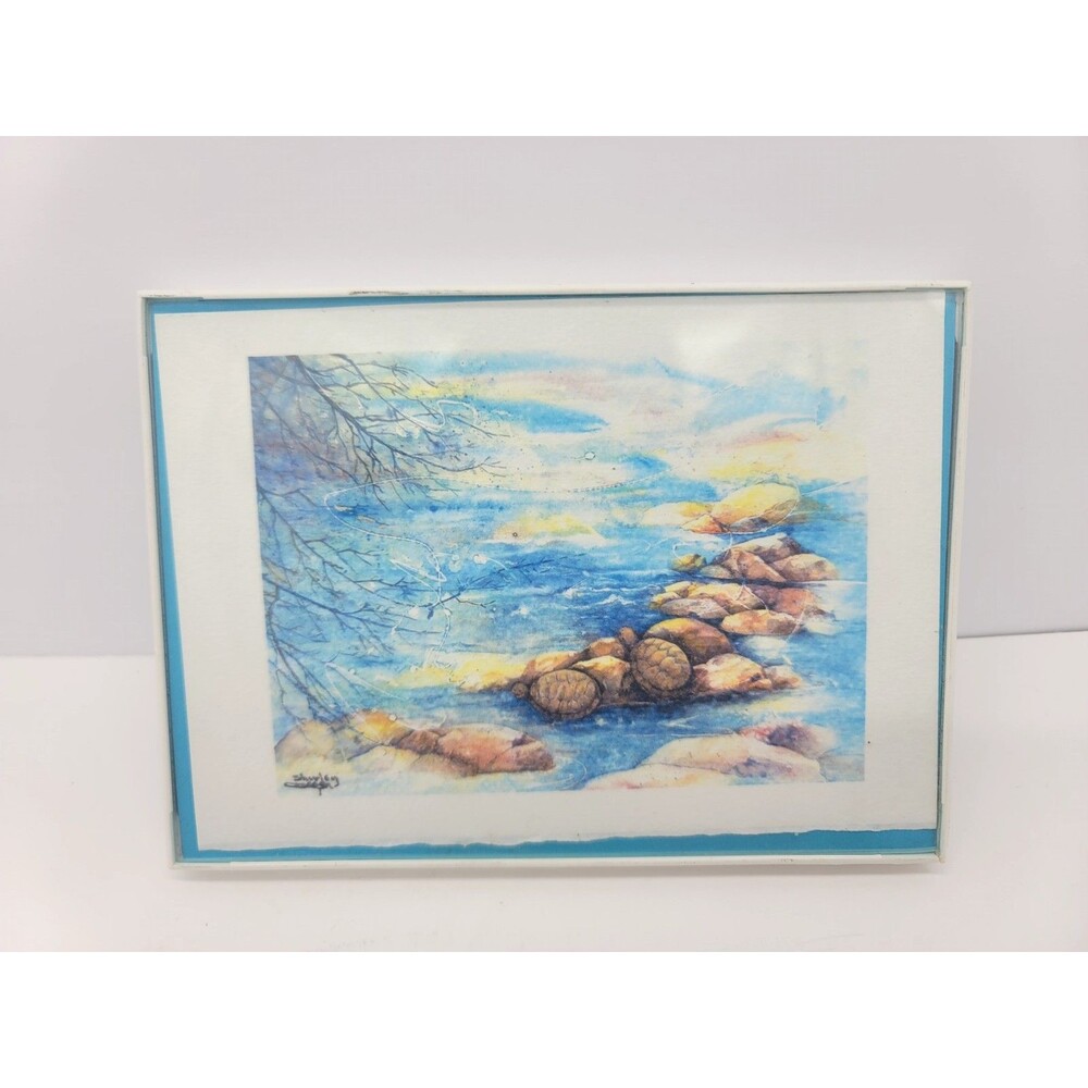 Coastal Sea Turtles Watercolor Painting Signed by Artist 7 1/4 x 5 1/4"